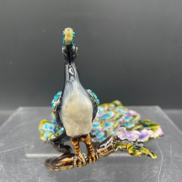 Enamel on Brass Colorful Peacock on Branch Trinket Dish Tray with Rhinestones - Picture 6 of 7
